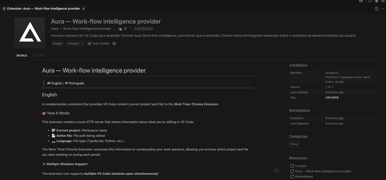 Página da extensão Aura no marketplace do VS Code.