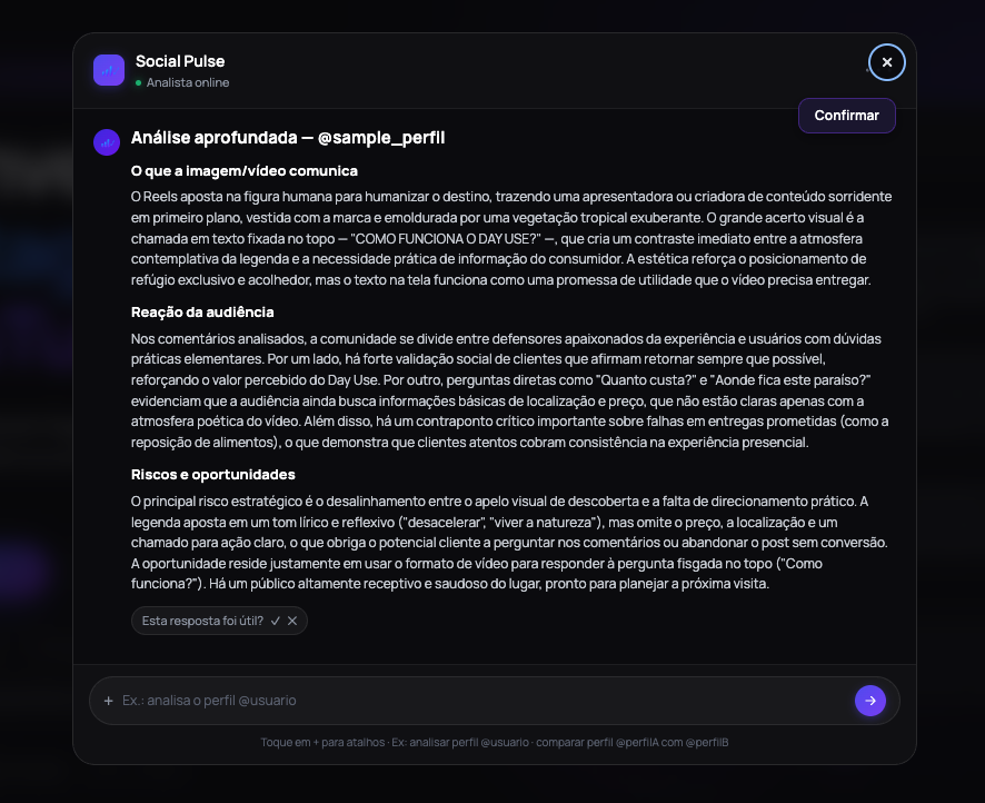 Relatório Social Pulse com índice e scorecards de conta.