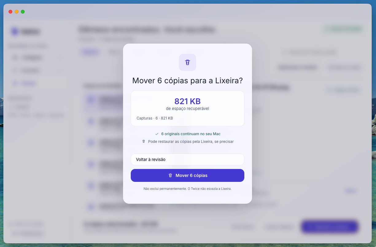 Twice modal confirming moving copies to Trash with reclaimable space.