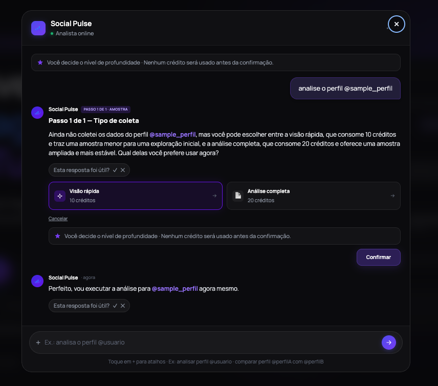 Webchat: coleta de perfil com visão rápida ou análise completa.